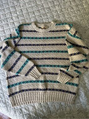 Vintage EMS Cream Crewneck Sweater with Teal & Navy Stripes